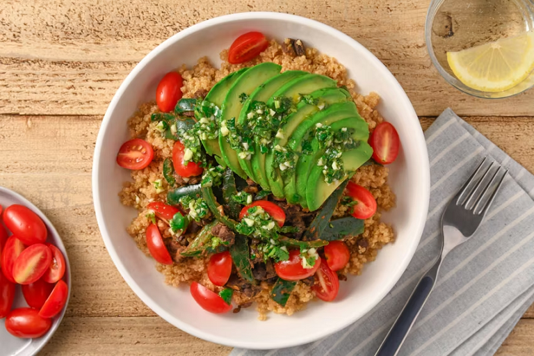 Photograph of Cuban-style quinoa bowl with avocado, black beans, and cilantro vinaigrette from Home Chef.