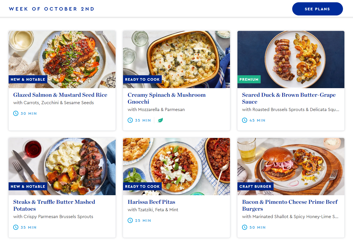 Sample of some meal options from Blue Apron including glazed salmon harissa beef pitas with details like time to prepare noted