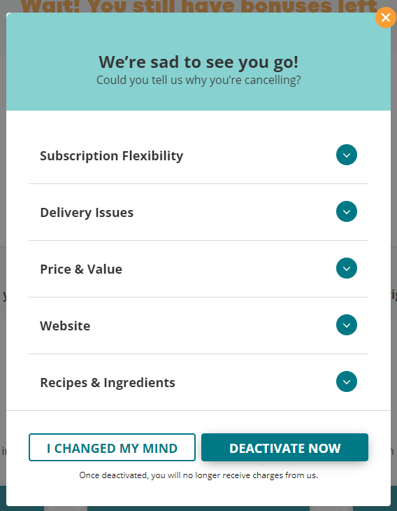 List of deactivation options presented by EveryPlate when cancelling subscription
