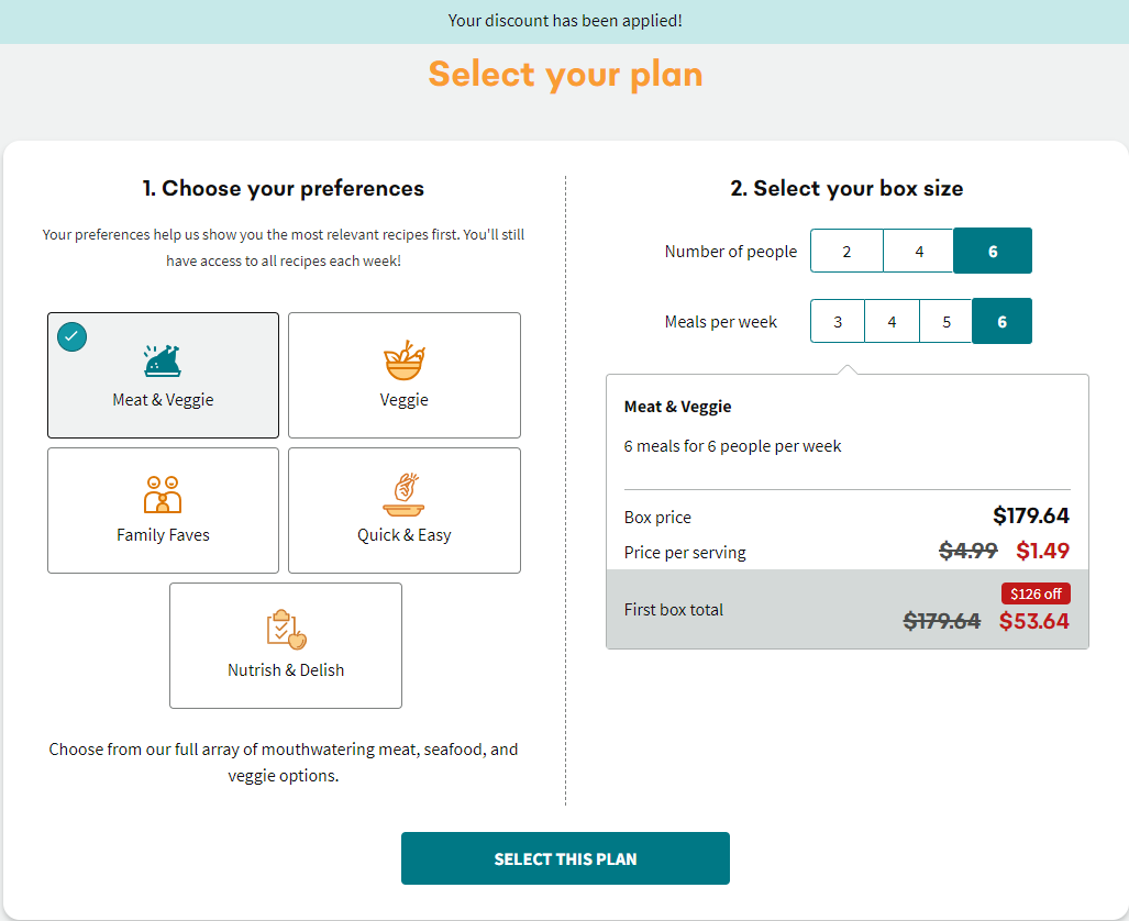 Display of EveryPlate meal selection options, including plan preference, box size and number of meals.