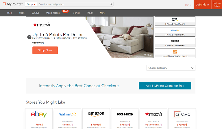 Shopping homepage showing current offers from MyPoints.