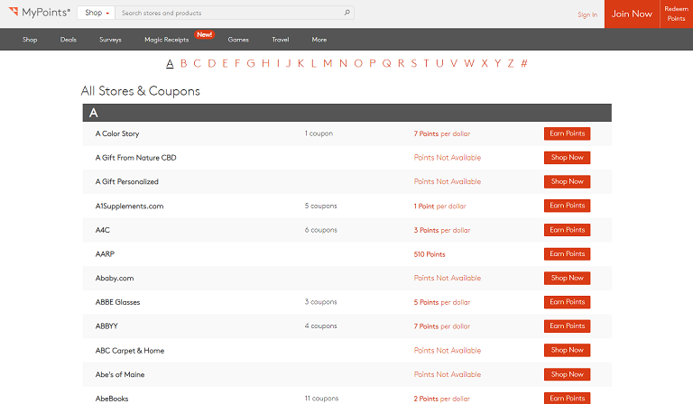 Sample list of MyPoints store offers and coupons.