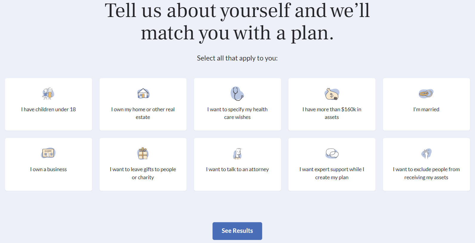 Quiz options from Trust & Will that includes questions asking if you own a home, own a business, are married and other details to provide results and help you match with one of their plans