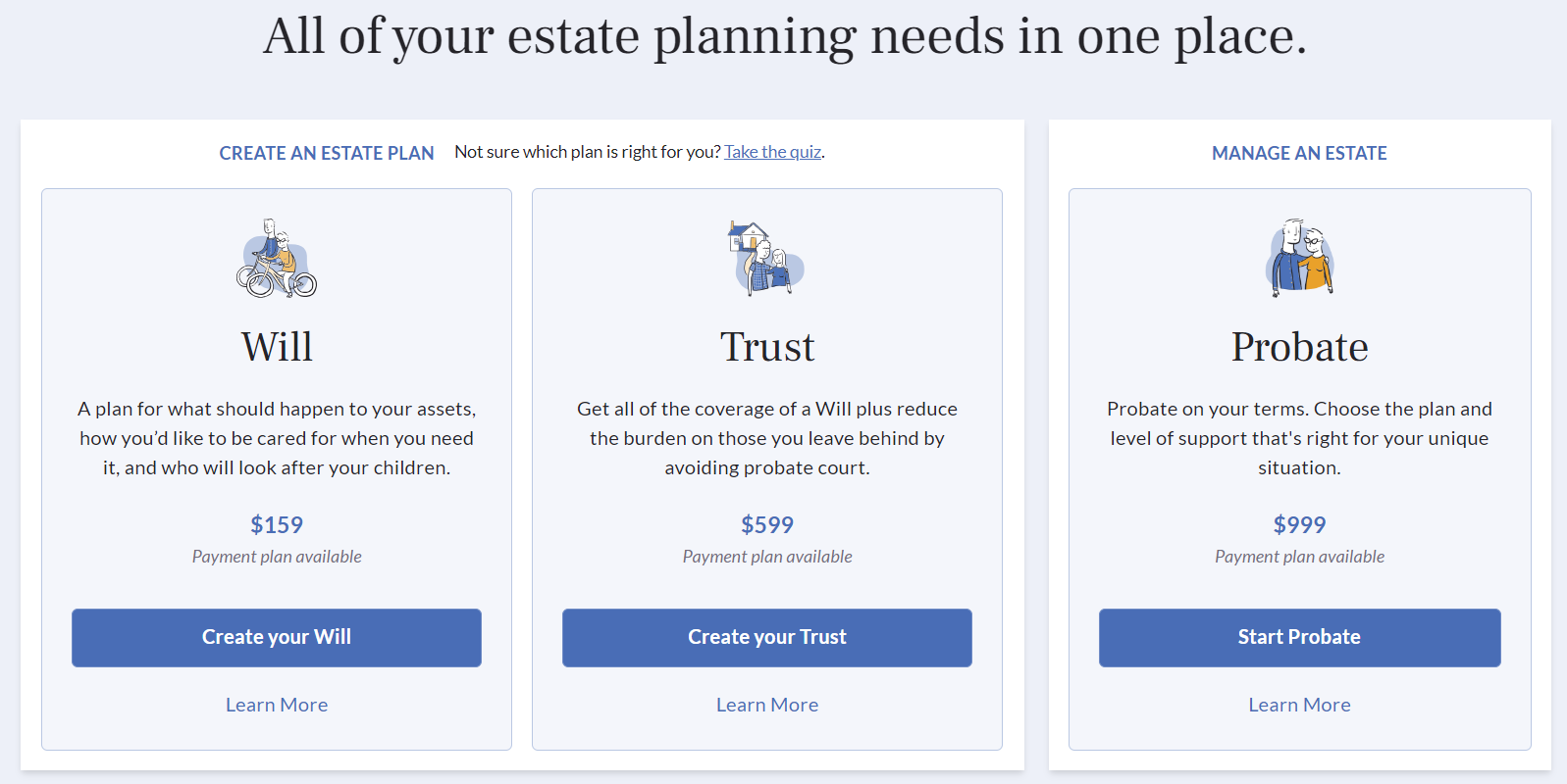 Estate planning options from Trust & Will, including create your will, create you trust and start probate to manage an estate
