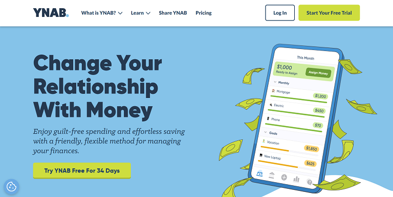 YNAB homepage and sign-up offer of a free 34-day free trial.
