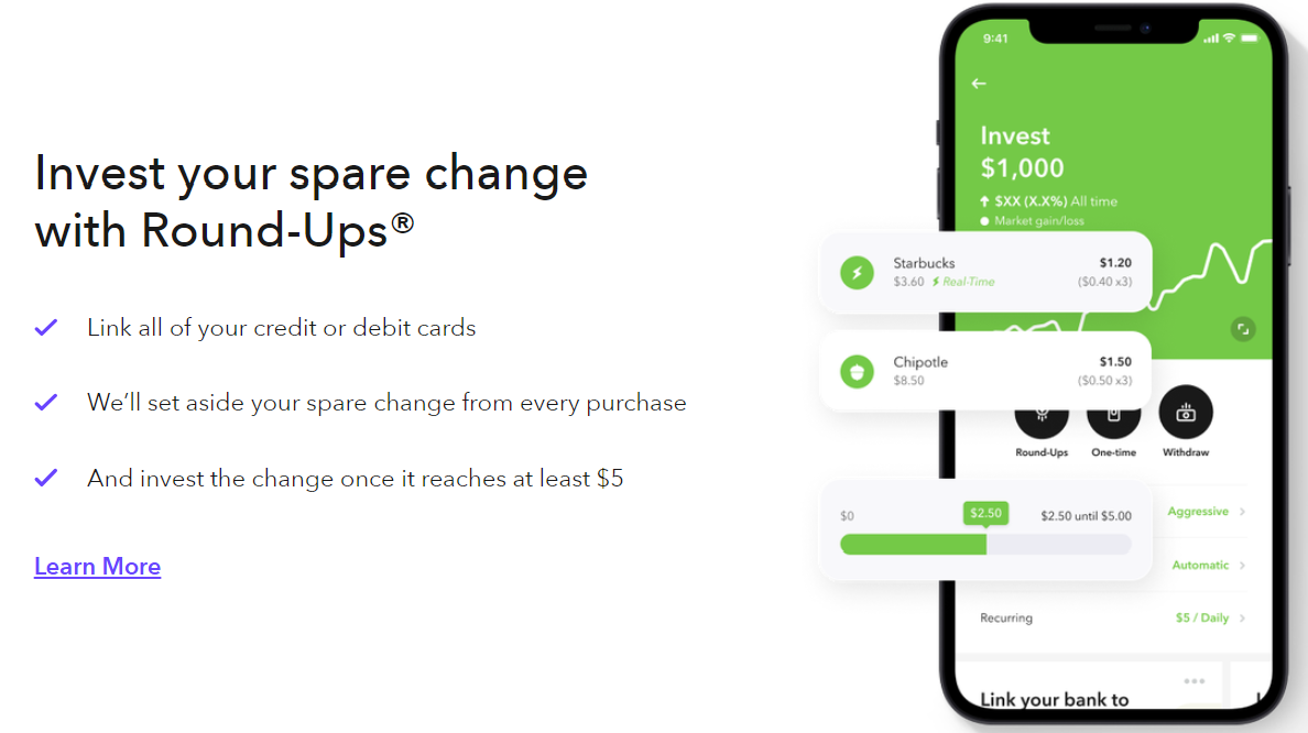 features of Acorns Round Ups including that spare change is invested once it reaches $5
