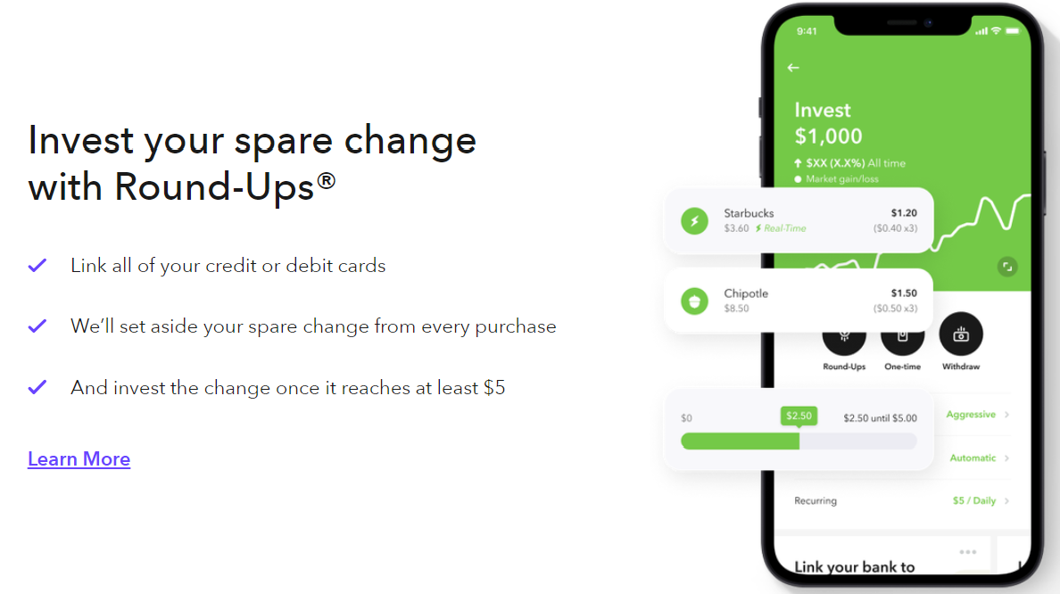 Bullet point features of Acorns Round Ups feature, including that spare change is invested once it reaches $5, and a phone displaying puchases from Starbucks and Chipotle being rounded up to invest