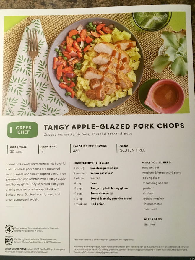 recipe card for tangy apple-glazed pork chops from Green Chef with list of ingredients and meal details