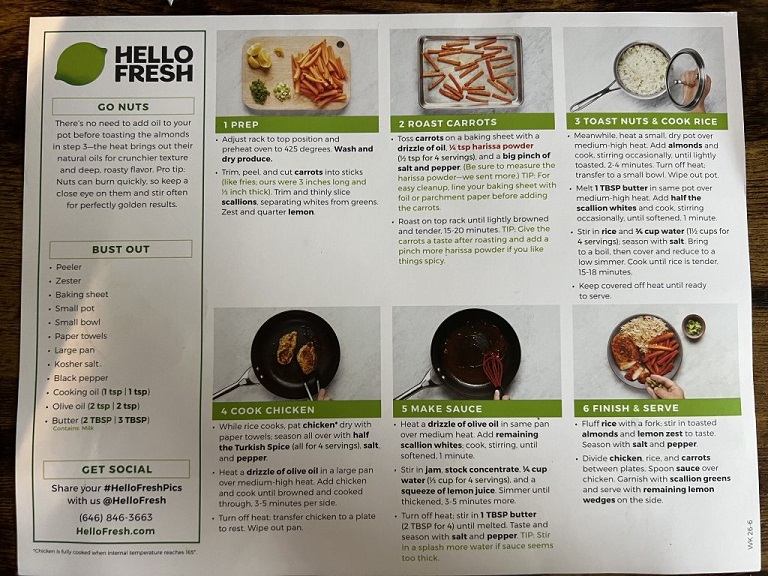 back of HelloFresh recipe card with step-by-step instructions and list of kitchen essentials needed