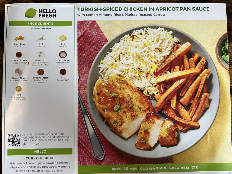 listing ingredients, prep and cook times and calories for turkish-spiced chicken in apricot pan sauce with lemon almond rice and harissa-roasted carrots