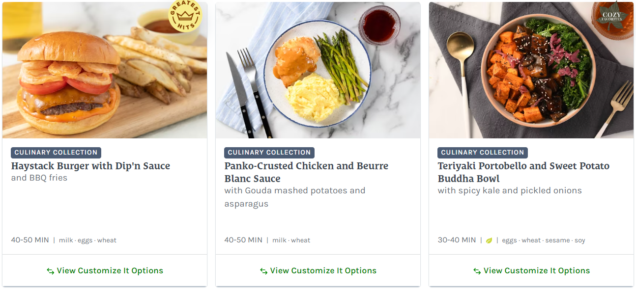 Culinary Collection options from the Hello Fresh website including chicken, a burger and a sweet potato bowl with time to cook, allergens and some ingredients displayed