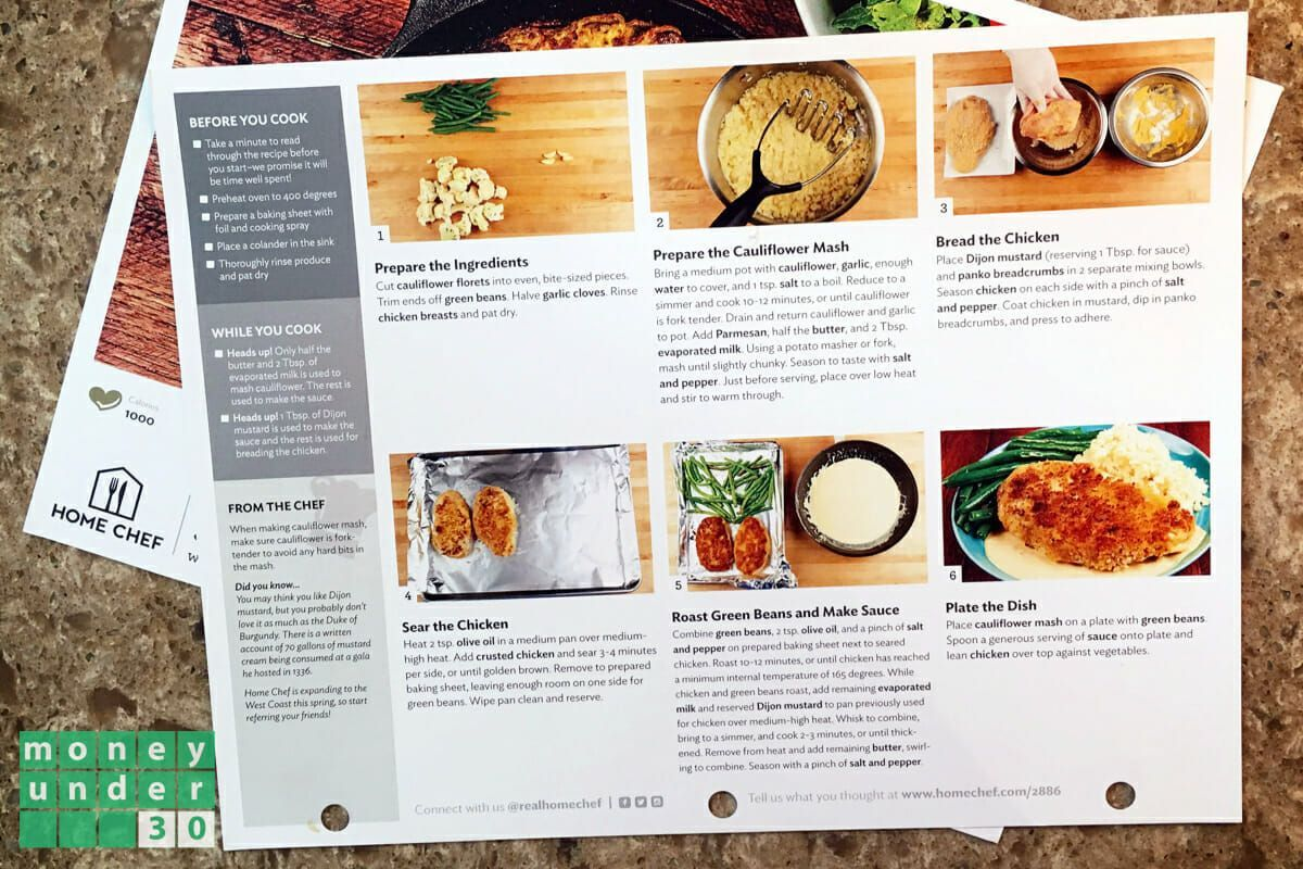Recipe cards with a step by step guide to prepare chicken and cauliflower from Home Chef spread on kitchen counter