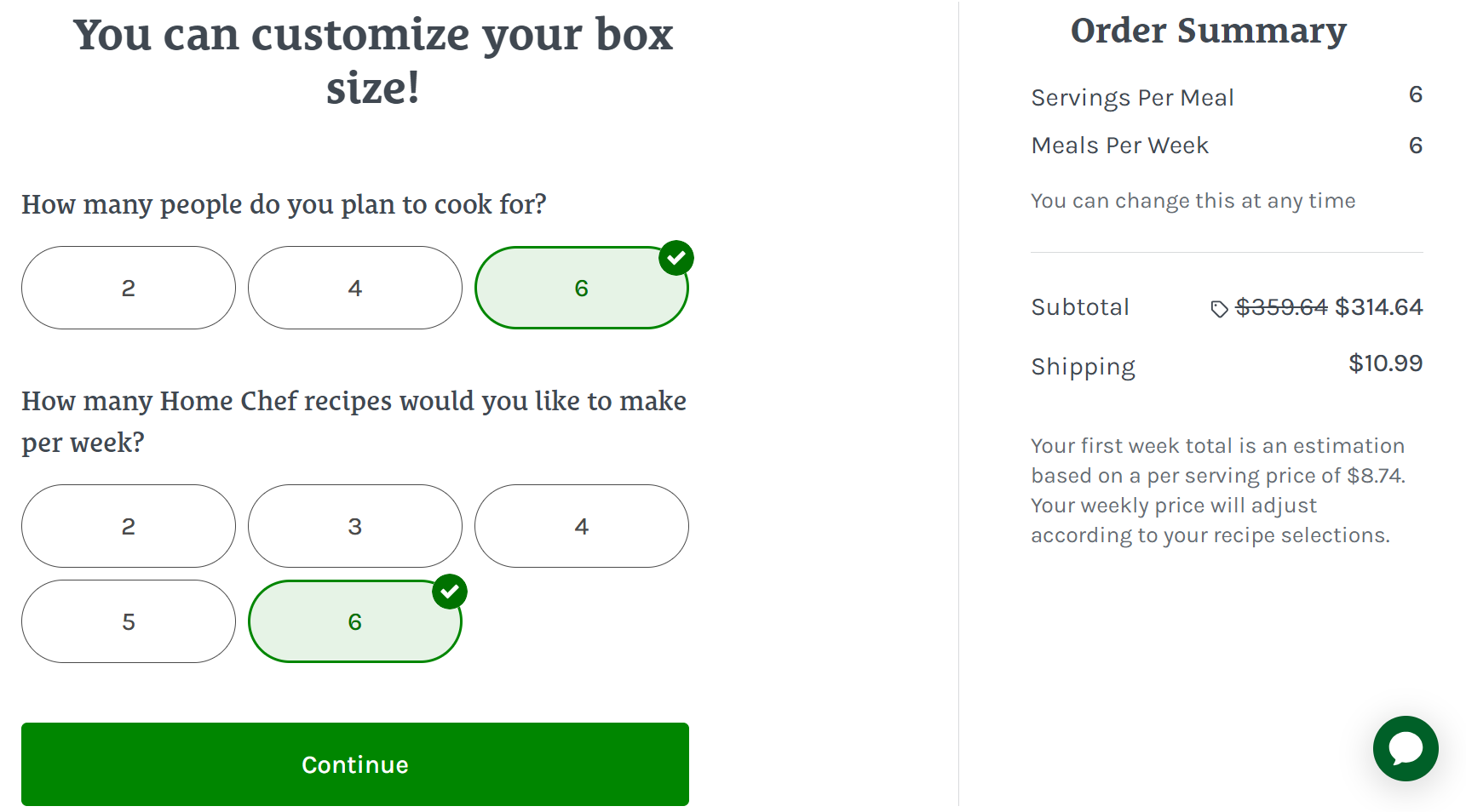 Home Chef order summary with selection options and cost