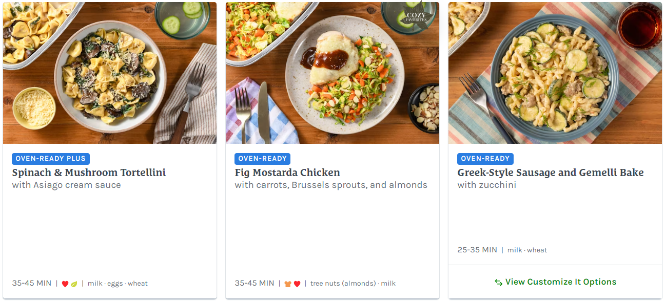 Oven-Ready options from the Home Chef website including tortelleni, chicken and sausage with time to cook, allergens and some ingredients displayed