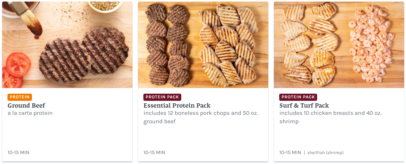 Protein pack options from the Home Chef website including ground beef, chicken, pork and shrimp with serving amount and time noted