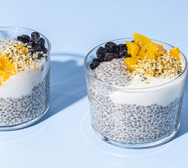 Orange creamsicle chia parfait with blueberries and hemp seeds from Purple Carrot