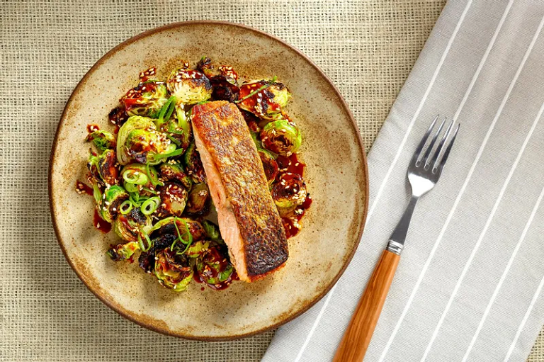Salmon with spicy glazed brussels sprouts and scallions from Sunbasket