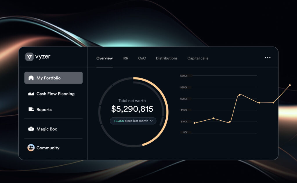 A screenshot of the Vyzer dashboard showing net worth and growth.