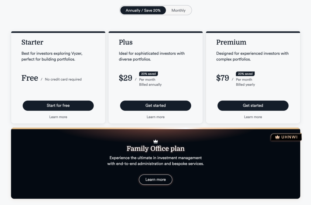 A screenshot of Vyzer's monthly plans and pricing info.