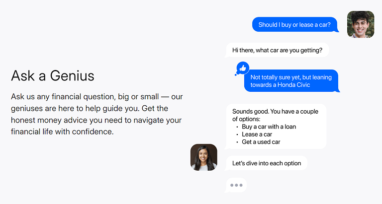 Genius from Albert app guiding user with financial and money advice on buying or leasing a car