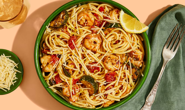 buttery lemon-garlic shrimp linguine, sautéed squash, sun-dried tomatoes, parmesan from Green Chef