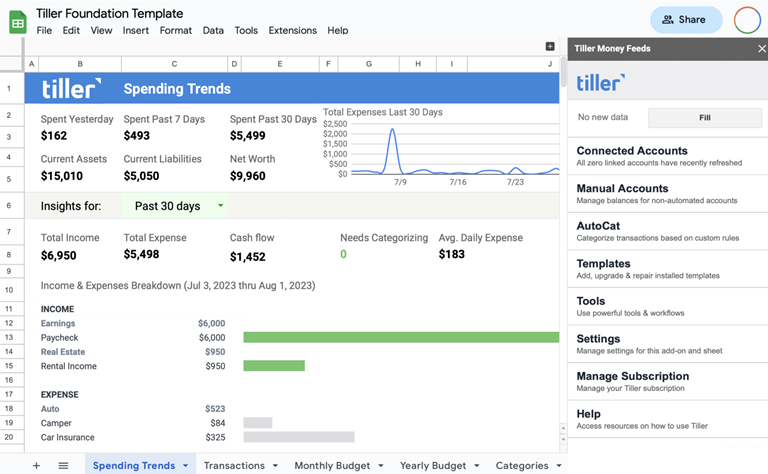 template for foundation to rack spending, budgets, and net worth from Tiller