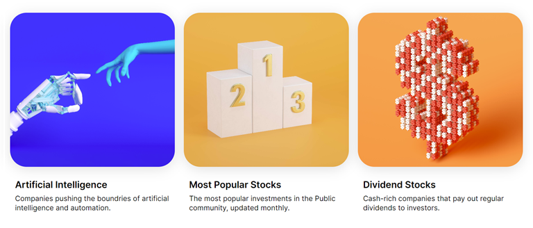 investing themes through Public including artificial intelligence, most popular stocks, dividend stocks