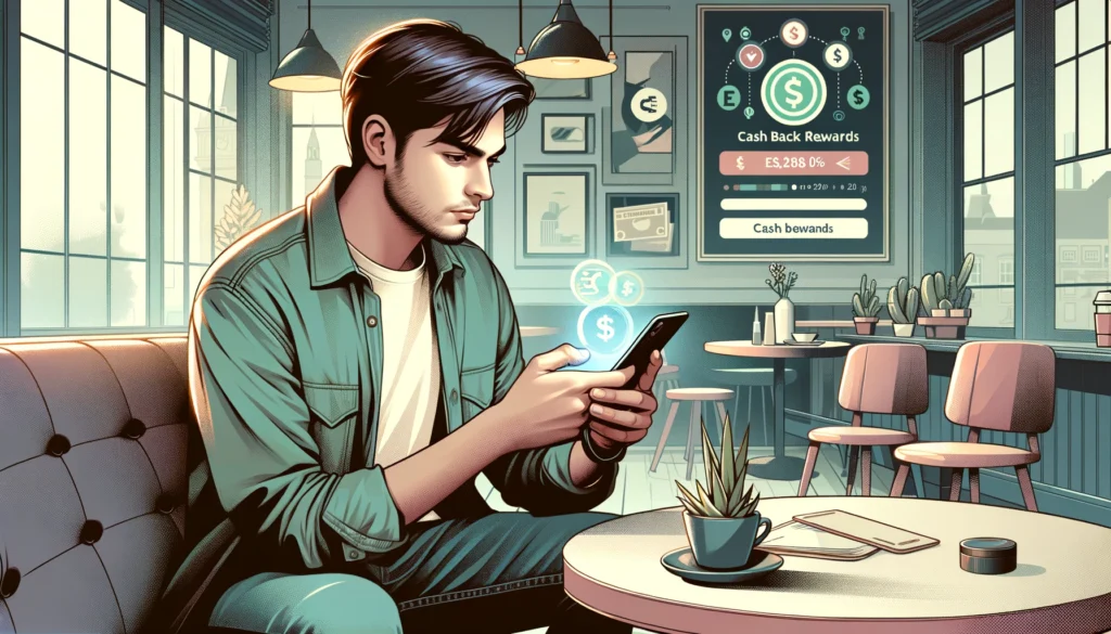 An illustration of a young man using his smartphone to earn money.
