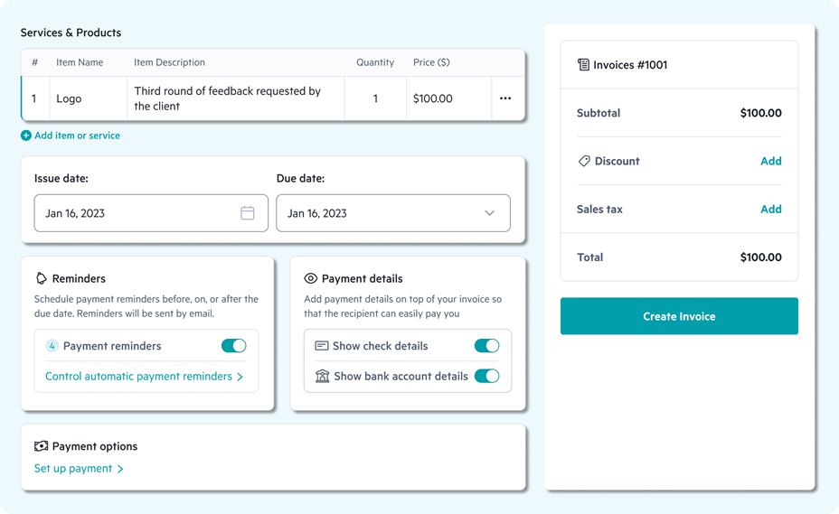 sample invoice from Lili Business Checking showing services and products, due date, payment details and options