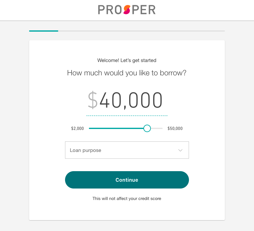 A screenshot of a Propser personal loan form