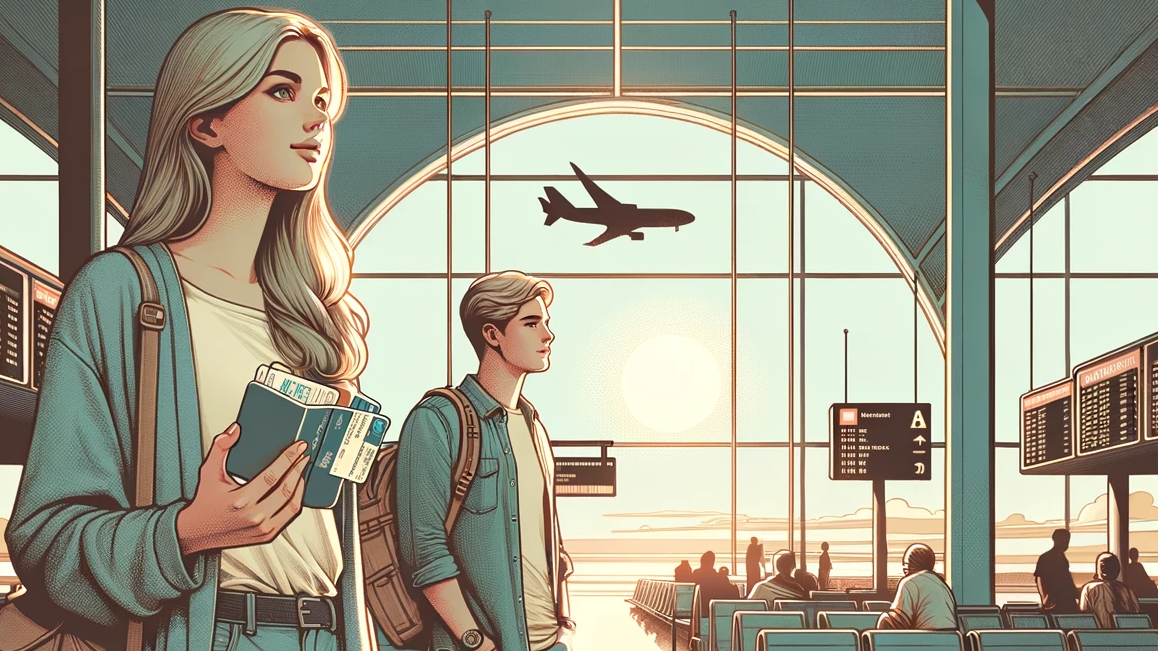 An illustration showing a young couple in a bright airport terminal.