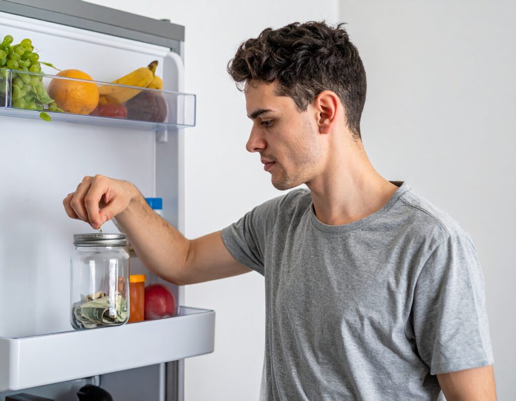 A young man putting money in a jar.