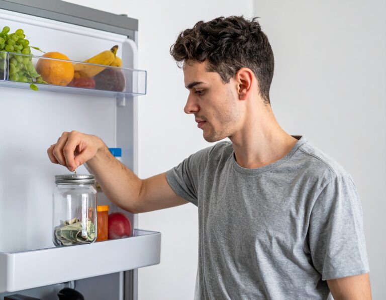 A young man putting money in a jar.