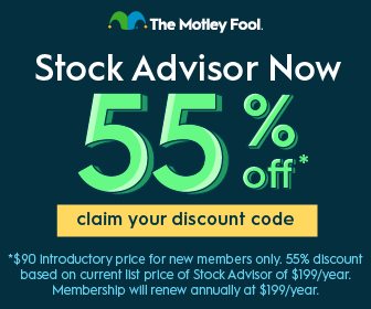 Motley Fool '55% off' discount code banner to sign up for promotional price with fine print