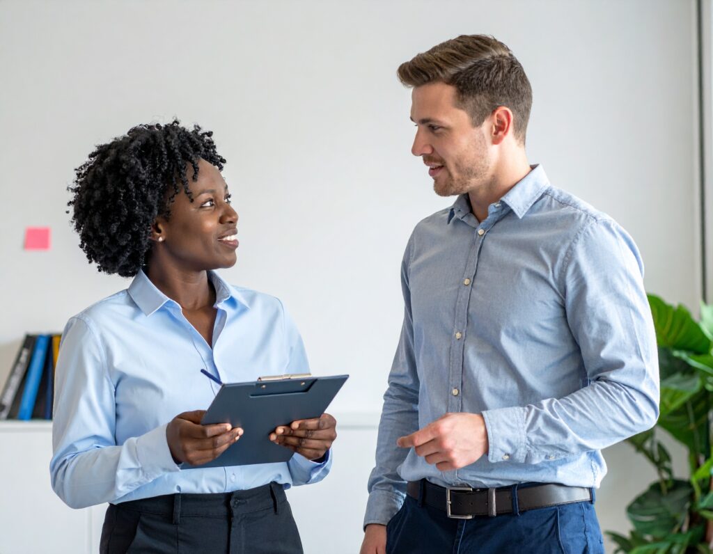 Man and woman discussing employer benefits