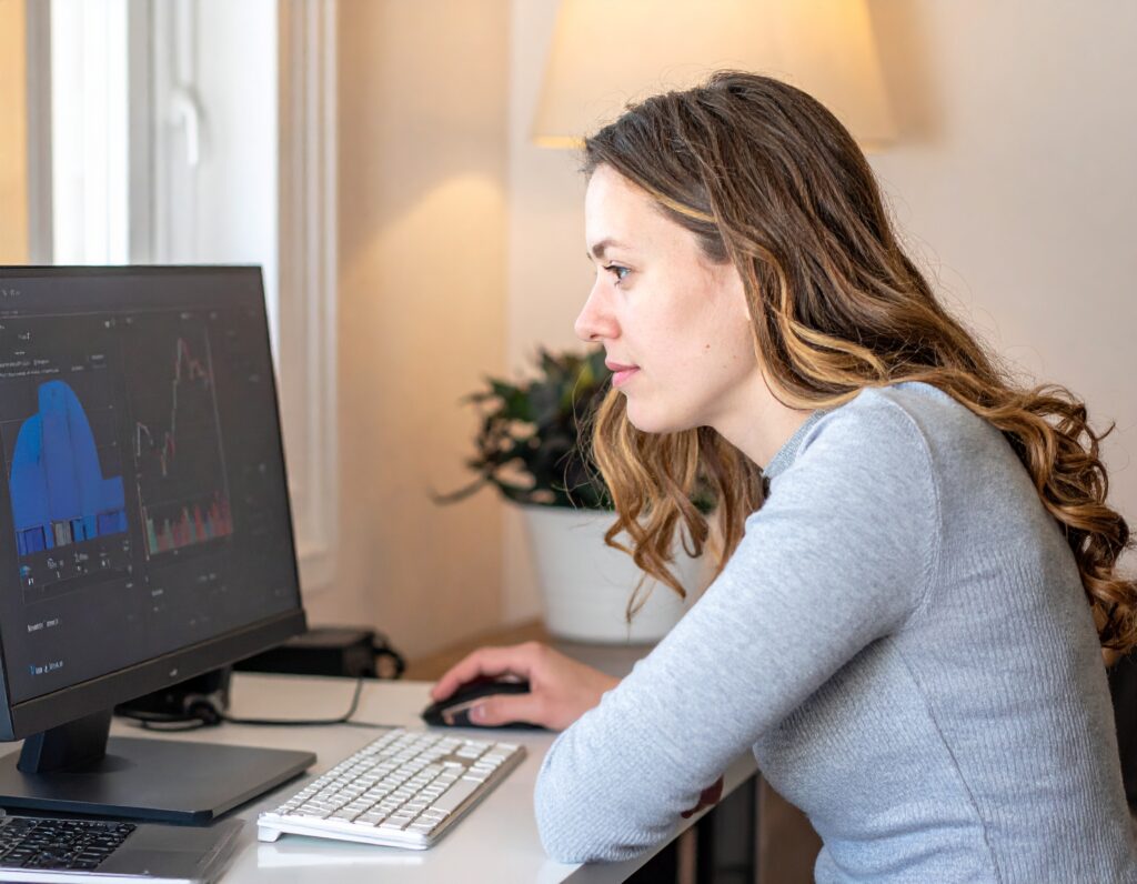 A young woman researching investments on a computer.