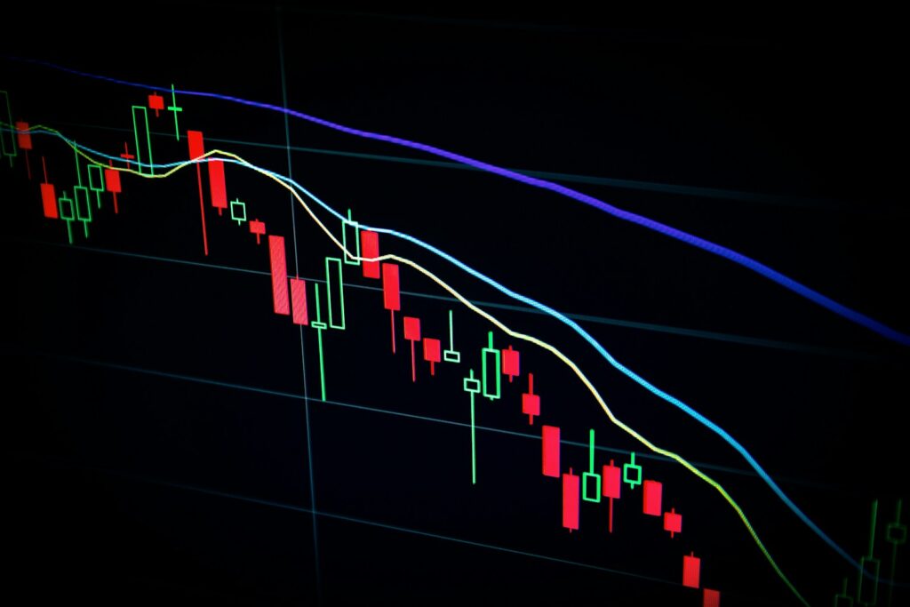 stock market candlestick chart on dark screen; market sentiment data