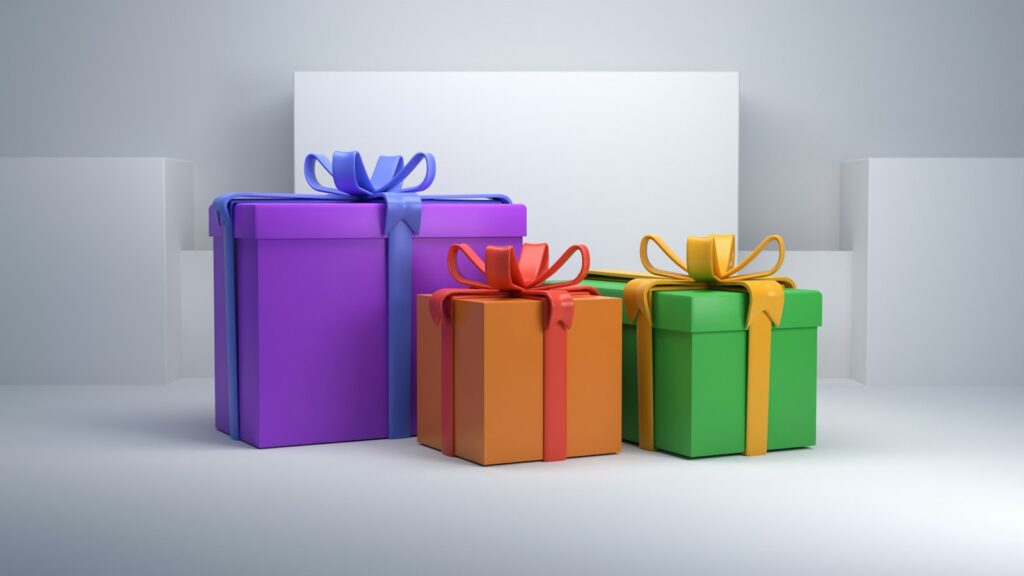a group of three colorful gift boxes with ribbons; financial gifts