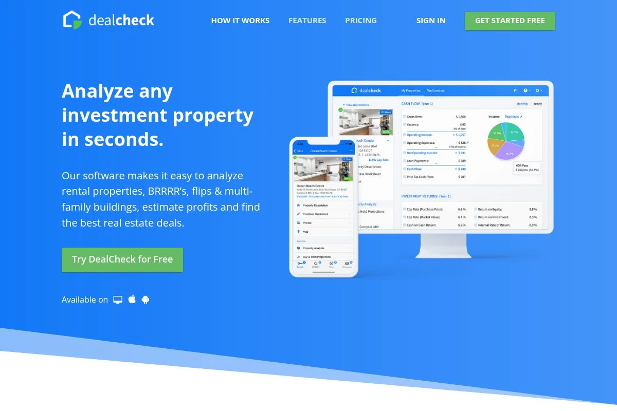 Screenshot of the DealCheck homepage