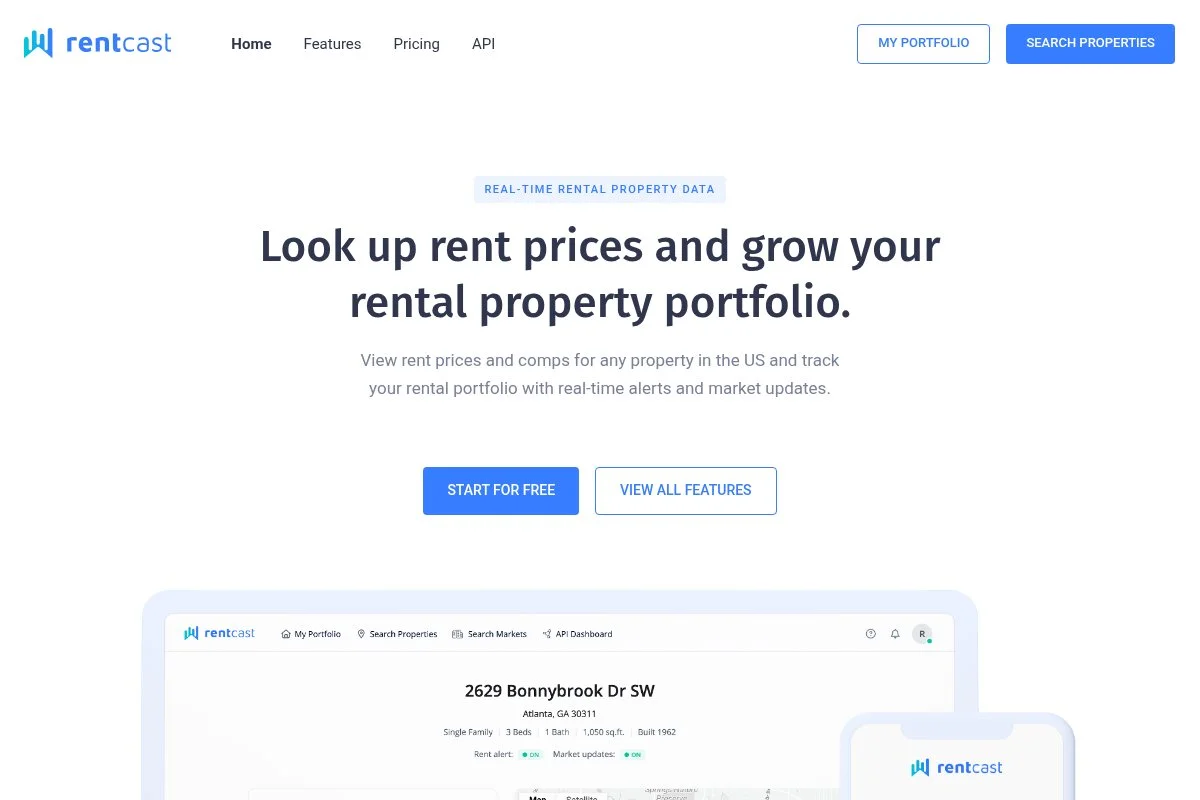 Screenshot of the RentCast homepage