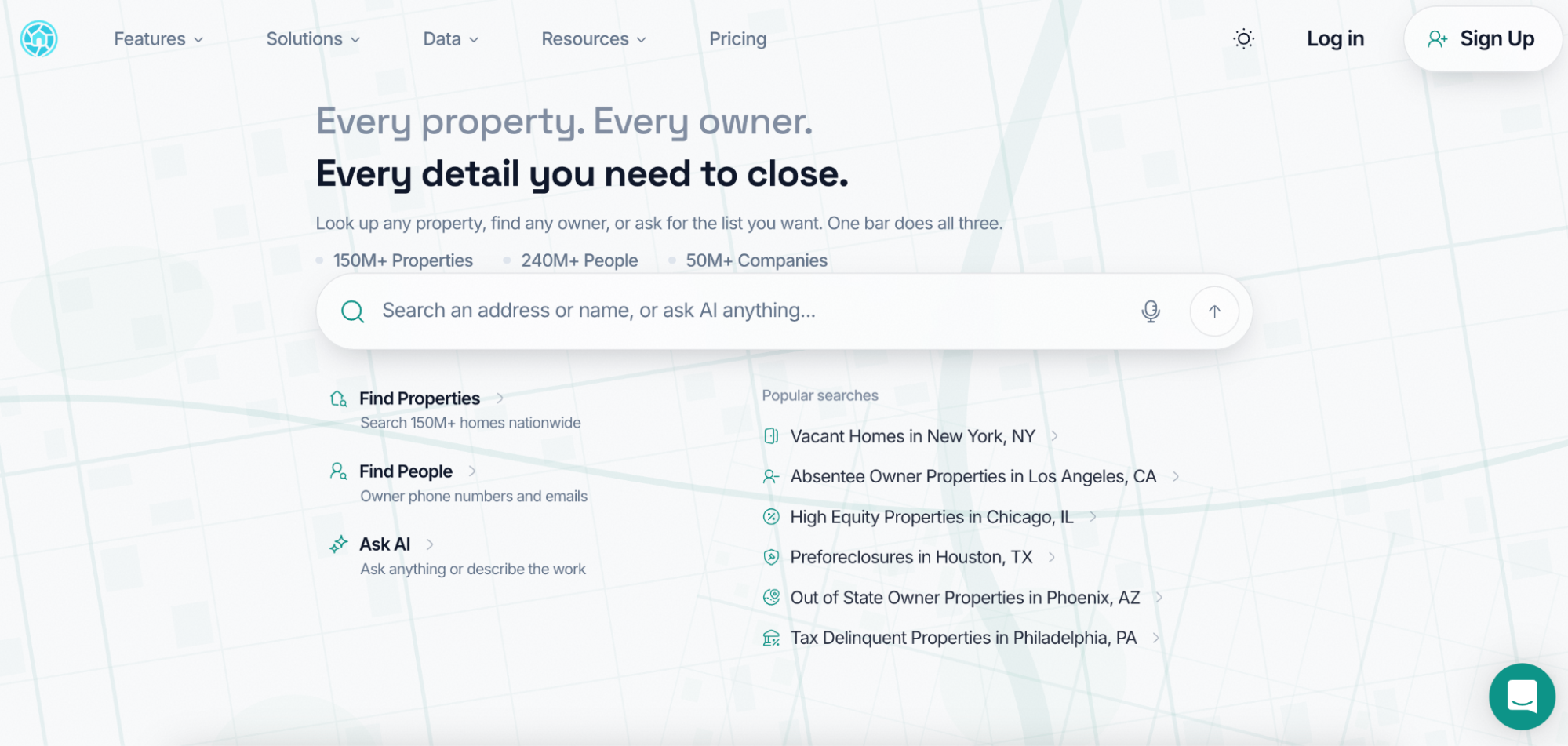 Screenshot of the DealMachine homepage showing its property and owner search