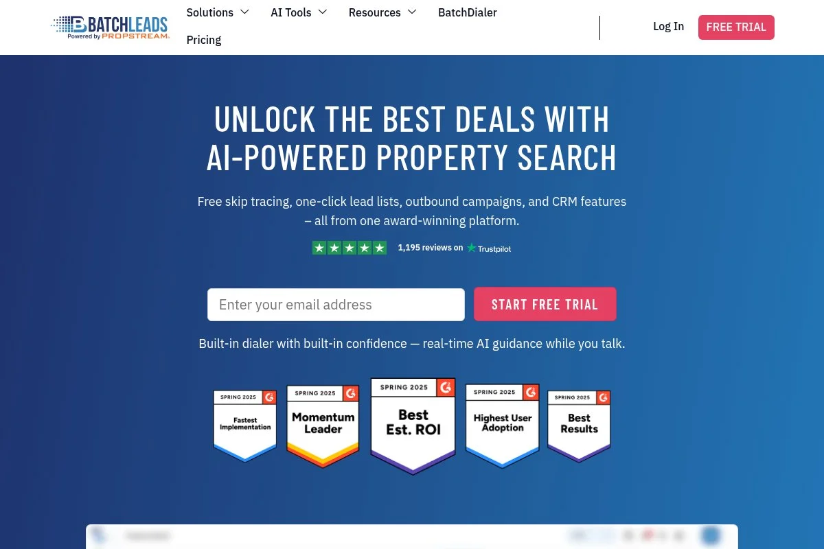 Screenshot of the BatchLeads homepage